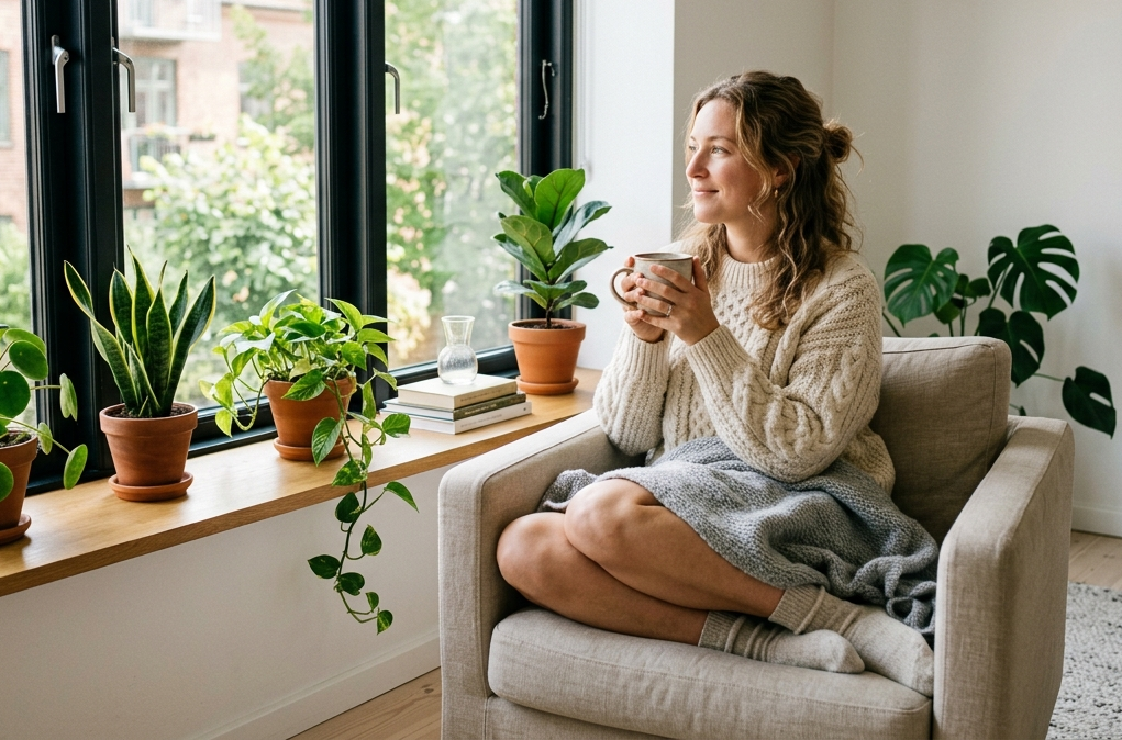Frau sitzt entspannt mit einer Tasse Tee am Fenster